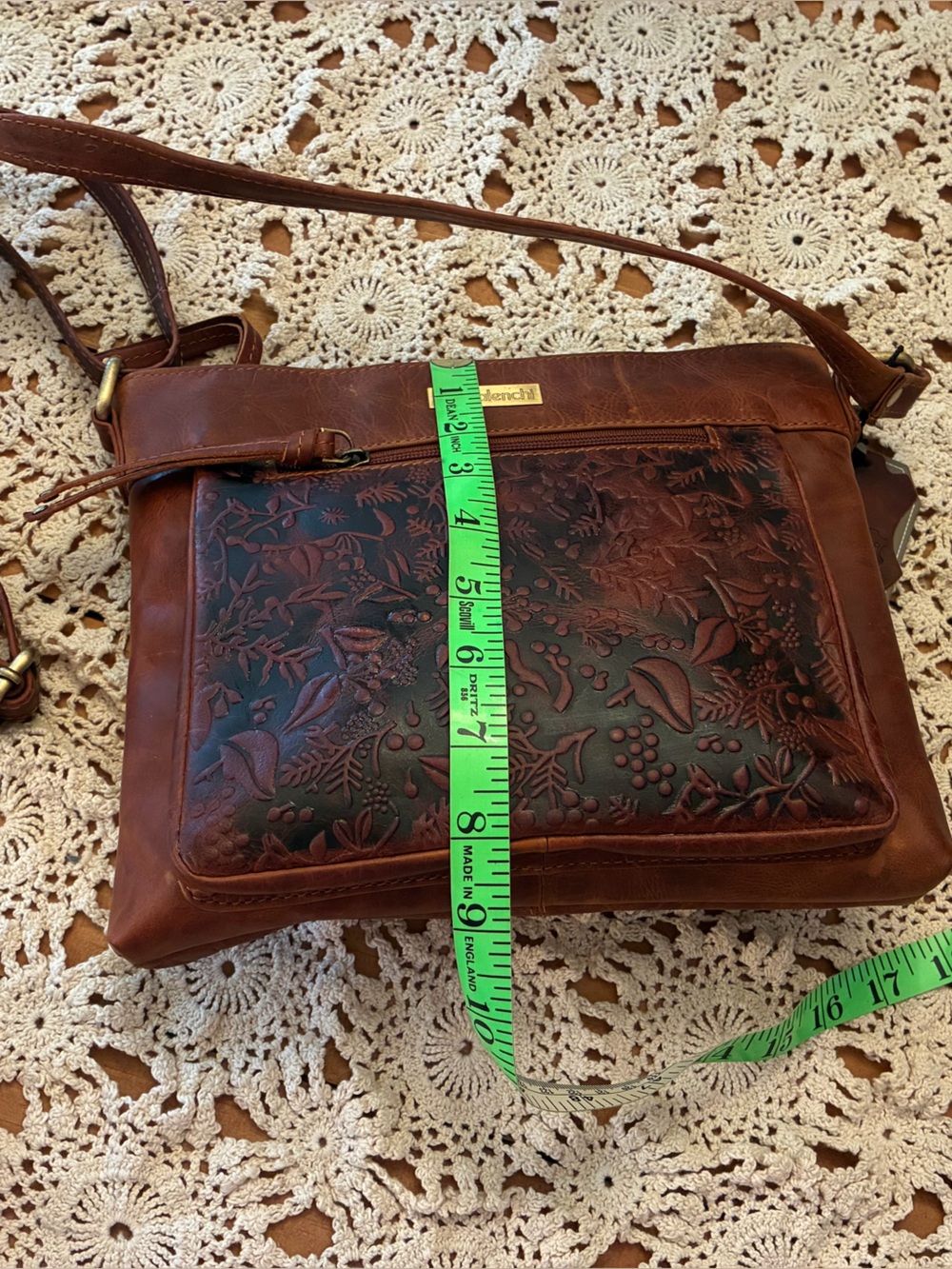 NWT Valenchi Women's Brown Tooled Leather Crossbody Bag with Floral Detail - Picture 14 of 16